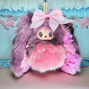 Handmade Custom Labubu Plush Mokoko Face Purple Pink Magnetic Tail with Accessor